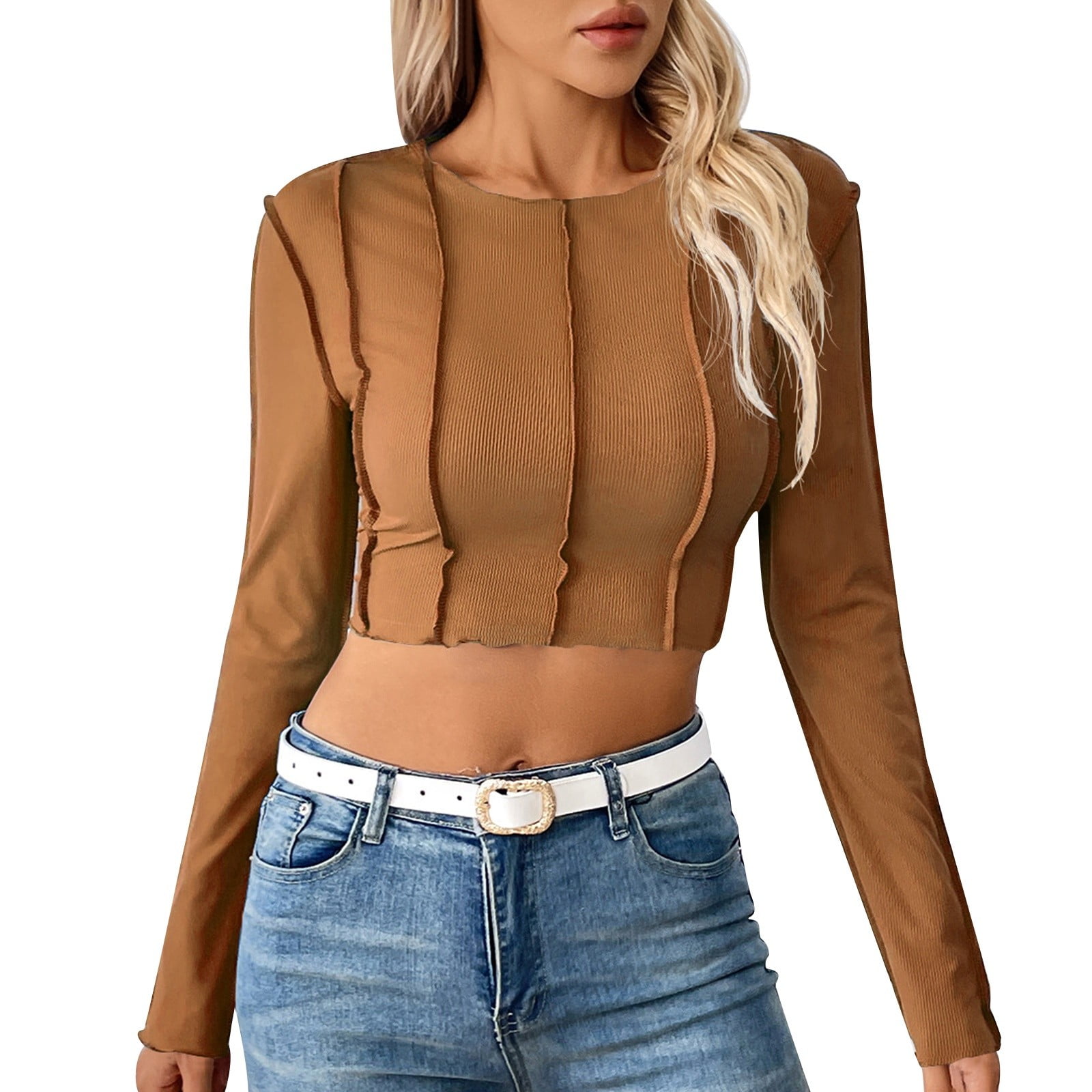 Angala Womens Tees Crew Neck Long Sleeve Solid Color Blouse Summer Slim ...