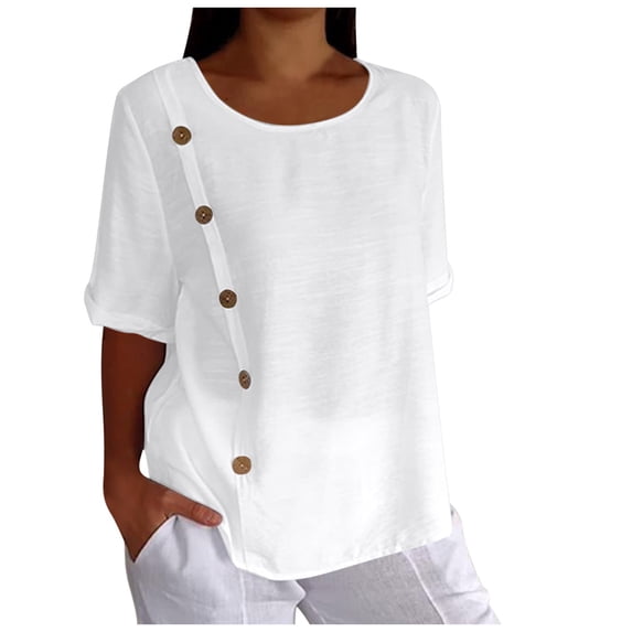 Angala Womens Tees Crew Neck Short Sleeve Solid Color Button Blouse Summer Quick Dry Soft Casual Ladies T Shirts Size Xl White