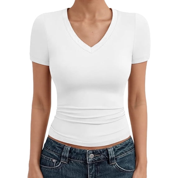 Angala Womens Top V Neck Short Sleeve Blouse Solid Summer Casual Slim Fit Comfortable Ladies Shirts Size 3Xl White