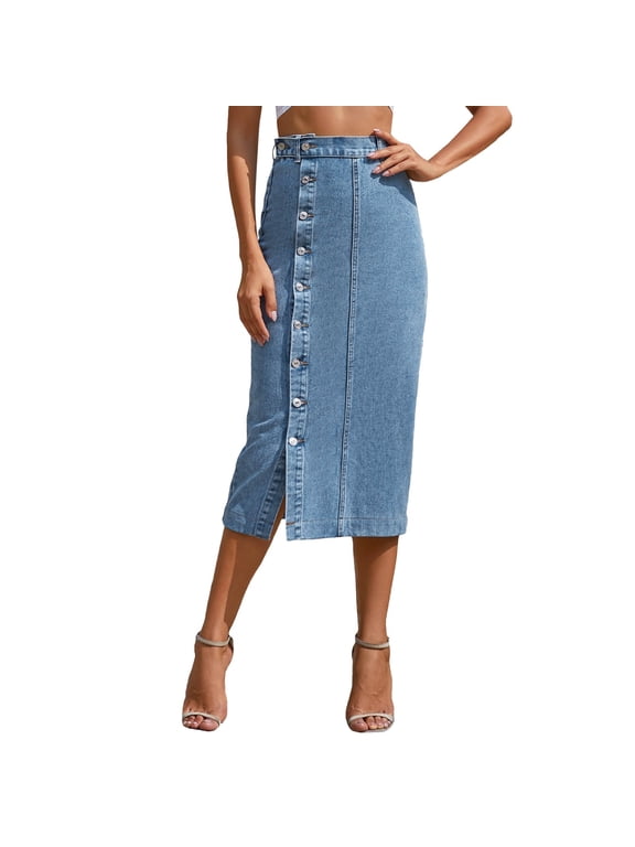 Womens Wrap Slit Denim Maxi Skirts Solid Color Button Down High Waist Summer Casual Ladies Skirts Size S Blue