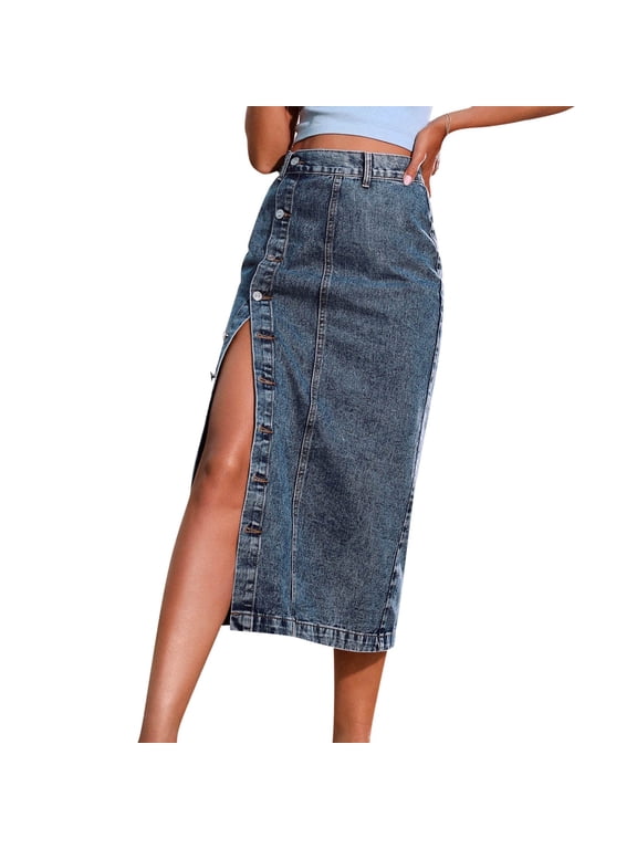 Womens Wrap Slit Denim Maxi Skirts Solid Color Button Down High Waist Summer Casual Ladies Skirts Size Xs Dark Blue
