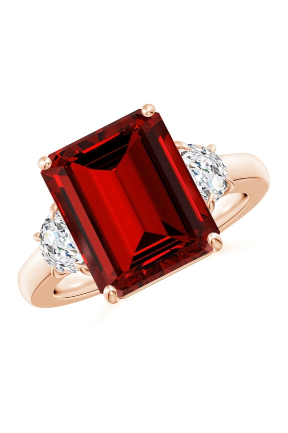 Lab Grown 6.25 Ct Emerald-Cut Ruby and Half Moon Diamond Three Stone Ring for Women in 14K Rose Gold (Size-12x10mm) | July Birthstone, Anniversary, Jewelry Gift for Women | Lab-Grown Ruby Ring