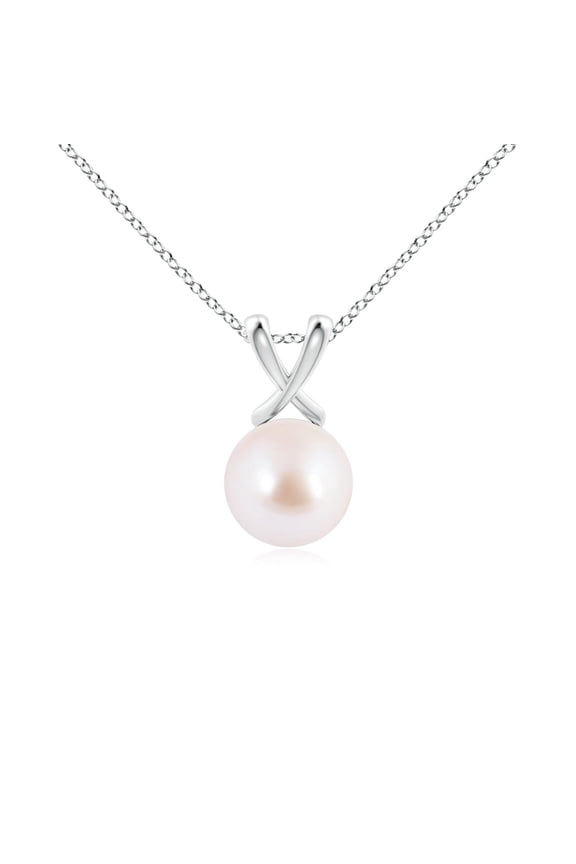 Classic Japanese Akoya Cultured Pearl Cross V-Bale Pendant in Platinum for Women | June Birthstone, Birthday, Anniversary, Jewelry Gift for Women | Pearl Necklace