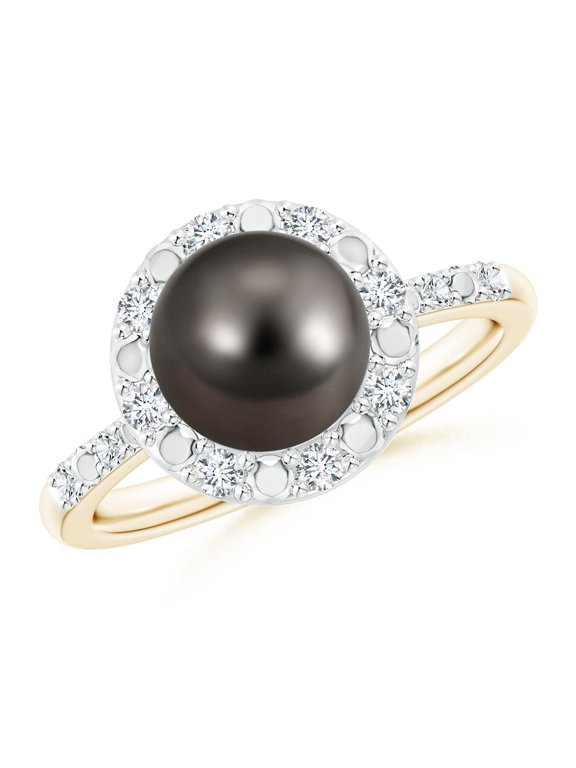 Classic Tahitian Cultured Pearl and Diamond Halo Ring in 14K Yellow Gold for Women | June Birthstone, Birthday, Anniversary, Jewelry Gift for Women | Pearl Ring