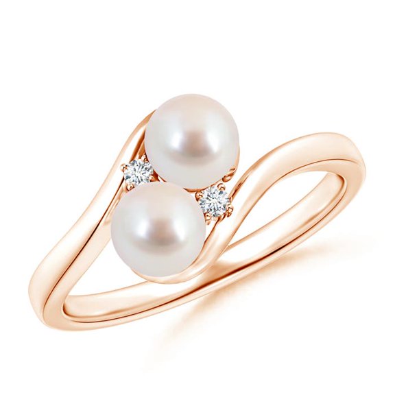 ANGARA Double Japanese Akoya Cultured Pearl Ring with Diamond Accents in 14K Rose Gold for Women | June Birthstone, Birthday, Anniversary, Jewelry Gift for Women | Pearl Ring