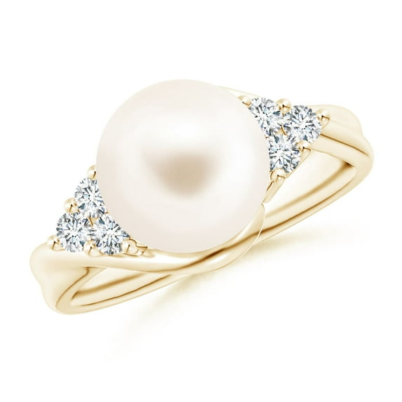 Angara Freshwater Cultured Pearl Bypass Ring with Diamond Trio in 14K Yellow Gold for Women | June Birthstone Jewelry for Her