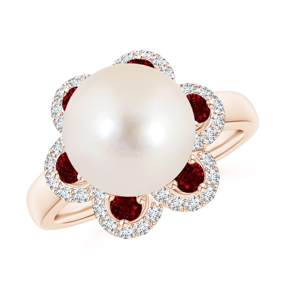 ANGARA Freshwater Cultured Pearl Floral Ring with Rubies in 14K Rose Gold for Women | June Birthstone, Birthday, Anniversary, Jewelry Gift for Women | Pearl Ring