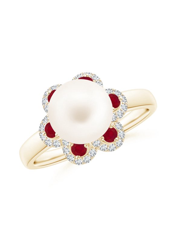 Freshwater Cultured Pearl Floral Ring with Rubies in 14K Yellow Gold for Women | June Birthstone, Birthday, Anniversary, Jewelry Gift for Women | Pearl Ring