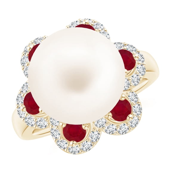 ANGARA Freshwater Cultured Pearl Floral Ring with Rubies in 14K Yellow Gold for Women | June Birthstone, Birthday, Anniversary, Jewelry Gift for Women | Pearl Ring