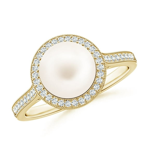 ANGARA Freshwater Cultured Pearl Halo Ring with Milgrain in 14K Yellow Gold for Women | June Birthstone, Birthday, Anniversary, Jewelry Gift for Women | Pearl Ring