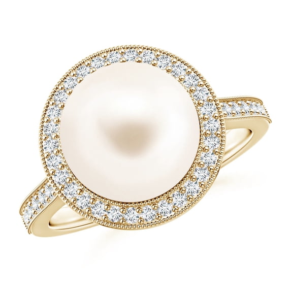 Angara Freshwater Cultured Pearl Halo Ring with Milgrain in 14K Yellow Gold for Women | June Birthstone Jewelry for Her