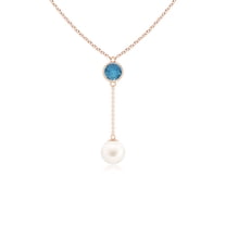 ANGARA Freshwater Cultured Pearl & London Blue Topaz Lariat Necklace in 14K Rose Gold for Women | June Birthstone, Birthday, Anniversary, Jewelry Gift for Women | Pearl Necklace