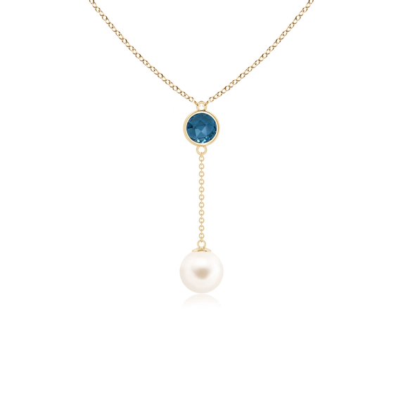 ANGARA Freshwater Cultured Pearl & London Blue Topaz Lariat Necklace in 14K Yellow Gold for Women | June Birthstone, Birthday, Anniversary, Jewelry Gift for Women | Pearl Necklace