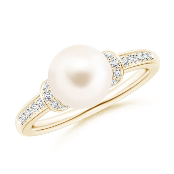 ANGARA Freshwater Cultured Pearl Ring with Diamond Collar in 14K Yellow Gold for Women | June Birthstone, Birthday, Anniversary, Jewelry Gift for Women | Pearl Ring