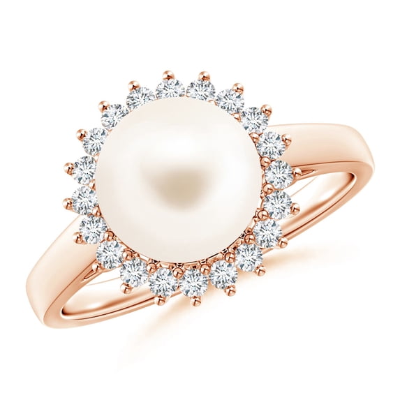 ANGARA Freshwater Cultured Pearl Ring with Floral Halo in 14K Rose Gold for Women | June Birthstone, Birthday, Anniversary, Jewelry Gift for Women | Natural Pearl Ring