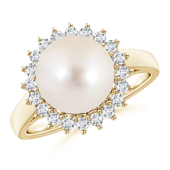 ANGARA Freshwater Cultured Pearl Ring with Floral Halo in 14K Yellow Gold for Women | June Birthstone, Birthday, Anniversary, Jewelry Gift for Women | Natural Pearl Ring