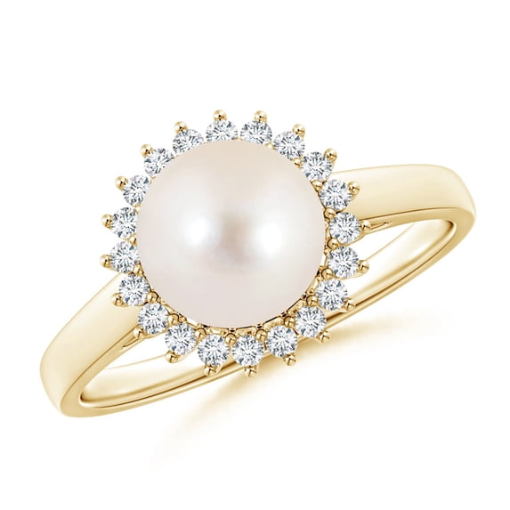 ANGARA Freshwater Cultured Pearl Ring with Floral Halo in 14K Yellow Gold for Women | June Birthstone, Birthday, Anniversary, Jewelry Gift for Women | Natural Pearl Ring
