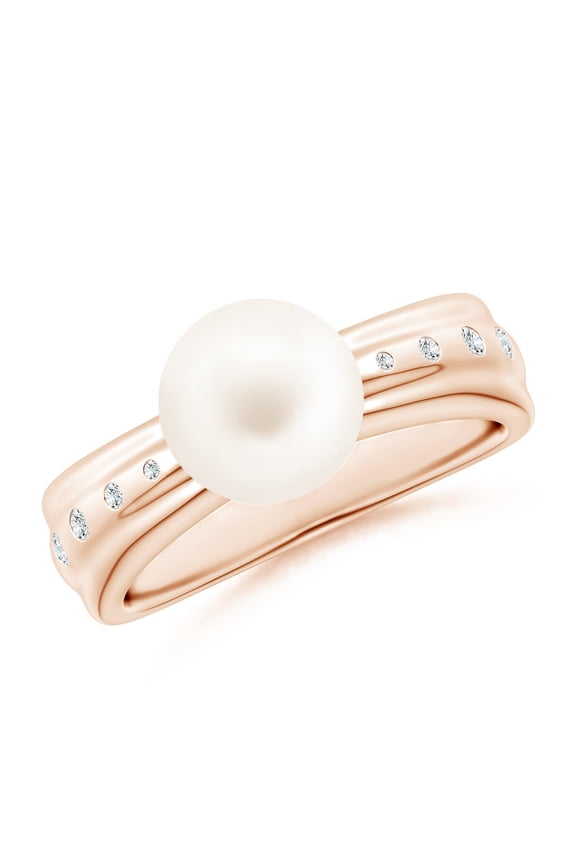 Freshwater Cultured Pearl Ring with Flush-Set Diamonds in 14K Rose Gold for Women | June Birthstone, Birthday, Anniversary, Jewelry Gift for Women | Pearl Ring