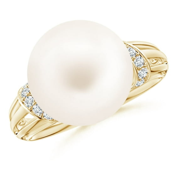 Angara Freshwater Cultured Pearl Ring with Pave-Set Diamonds in 14K Yellow Gold for Women | June Birthstone Jewelry for Her