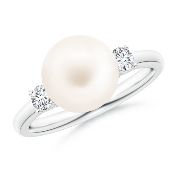 Angara Freshwater Cultured Pearl Three Stone Ring with Diamonds in 14K White Gold for Women | June Birthstone Jewelry for Her