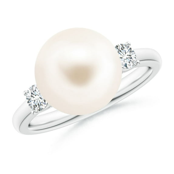 ANGARA Freshwater Cultured Pearl Three Stone Ring with Diamonds in 14K White Gold for Women | June Birthstone, Birthday, Anniversary, Jewelry Gift for Women | Pearl Ring