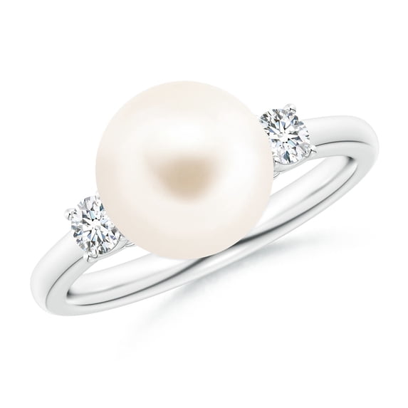 ANGARA Freshwater Cultured Pearl Three Stone Ring with Diamonds in 14K White Gold for Women | June Birthstone, Birthday, Anniversary, Jewelry Gift for Women | Pearl Ring