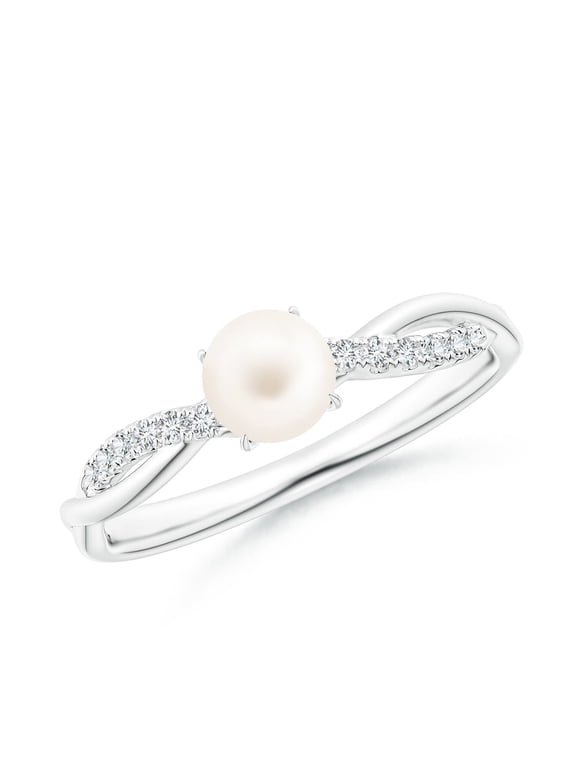 Freshwater Cultured Pearl Twist Shank Ring with Diamonds in 14K White Gold for Women | June Birthstone, Birthday, Anniversary, Jewelry Gift for Women | Pearl Ring