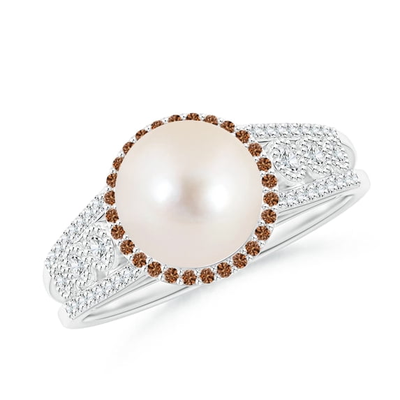 ANGARA Freshwater Cultured Pearl and Coffee Diamond Halo Ring in 14K White Gold for Women | June Birthstone, Birthday, Anniversary, Jewelry Gift for Women | Pearl Ring