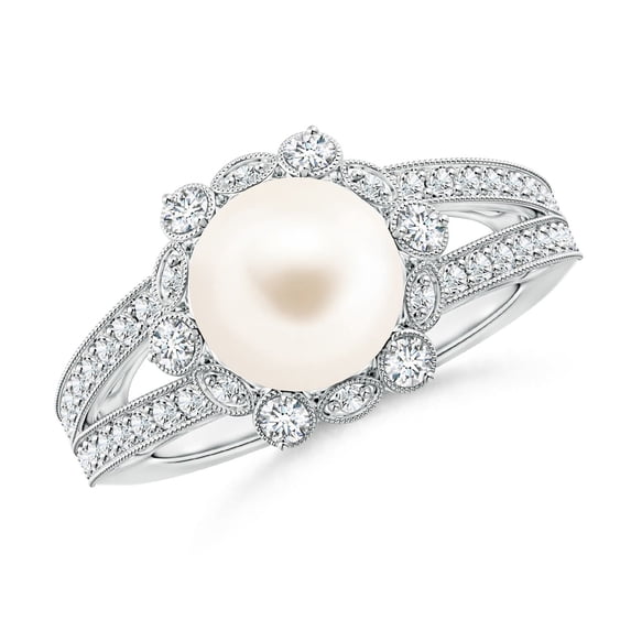 ANGARA Freshwater Cultured Pearl and Diamond Ring with Floral Halo in 14K White Gold for Women | June Birthstone, Birthday, Anniversary, Jewelry Gift for Women | Pearl Ring