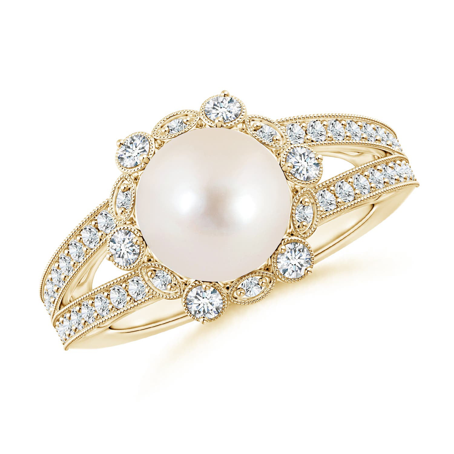 Angara Freshwater Cultured Pearl and Diamond Ring with Floral Halo in ...