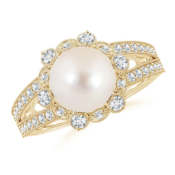 Angara Freshwater Cultured Pearl and Diamond Ring with Floral Halo in 14K Yellow Gold for Women | June Birthstone Jewelry for Her