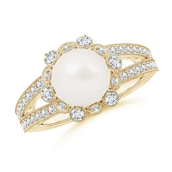 ANGARA Freshwater Cultured Pearl and Diamond Ring with Floral Halo in 14K Yellow Gold for Women | June Birthstone, Birthday, Anniversary, Jewelry Gift for Women | Pearl Ring