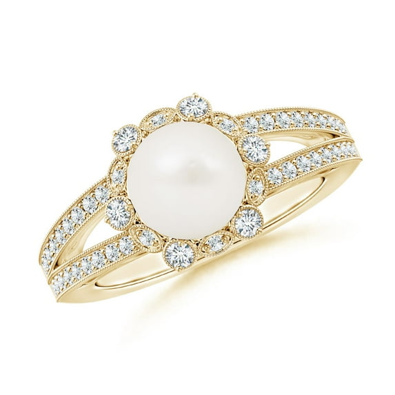 ANGARA Freshwater Cultured Pearl and Diamond Ring with Floral Halo in 14K Yellow Gold for Women | June Birthstone, Birthday, Anniversary, Jewelry Gift for Women | Pearl Ring