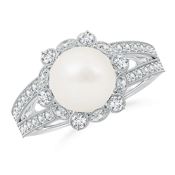 Angara Freshwater Cultured Pearl and Diamond Ring with Floral Halo in 925 Sterling Silver for Women | June Birthstone Jewelry for Her