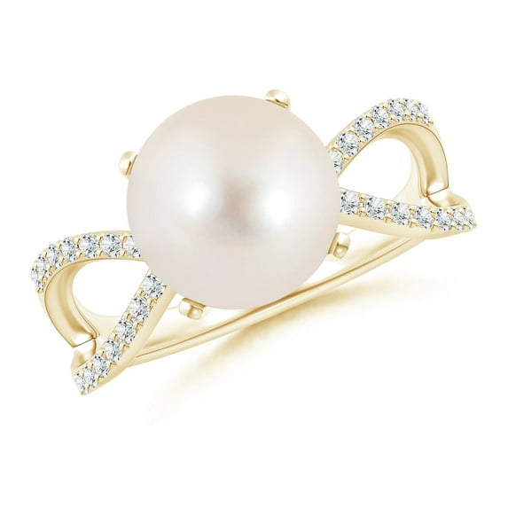 ANGARA Freshwater Cultured Pearl and Diamond Split Shank Ring in 14K Yellow Gold for Women | June Birthstone, Birthday, Anniversary, Jewelry Gift for Women | Pearl Ring