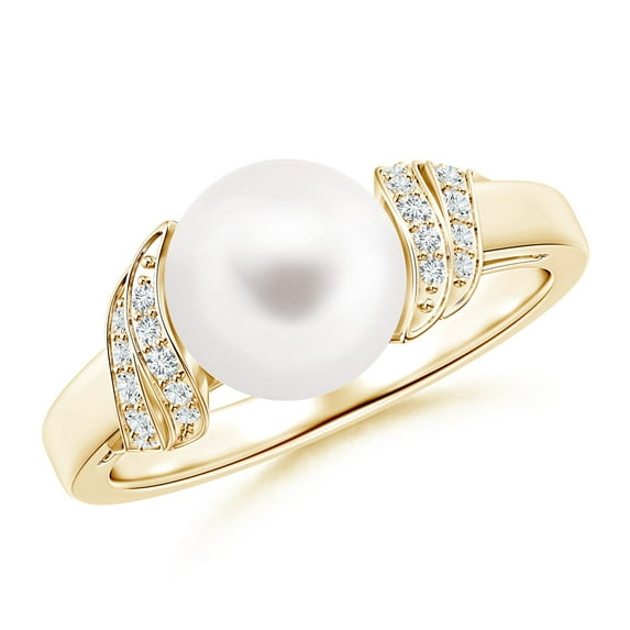 ANGARA Freshwater Cultured Pearl and Diamond Swirl Ring in 14K Yellow Gold for Women | June Birthstone, Birthday, Anniversary, Jewelry Gift for Women | Pearl Ring