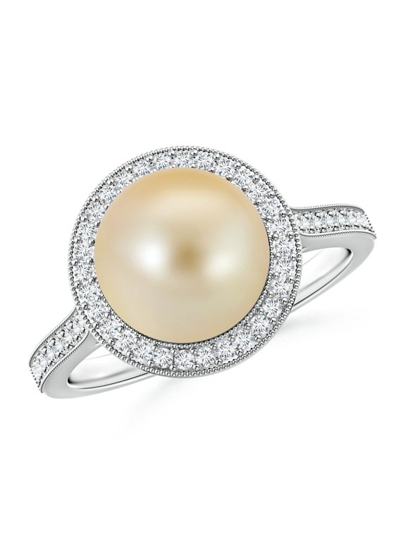 Golden South Sea Cultured Pearl Halo Ring with Milgrain in 14K White Gold for Women | June Birthstone, Birthday, Anniversary, Jewelry Gift for Women | Pearl Ring