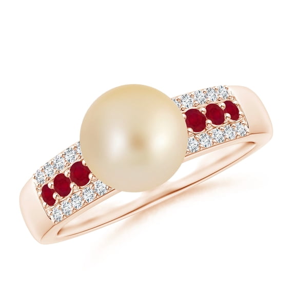 Angara Golden South Sea Cultured Pearl Ring with Rubies in 14K Rose Gold for Women | June Birthstone Jewelry for Her
