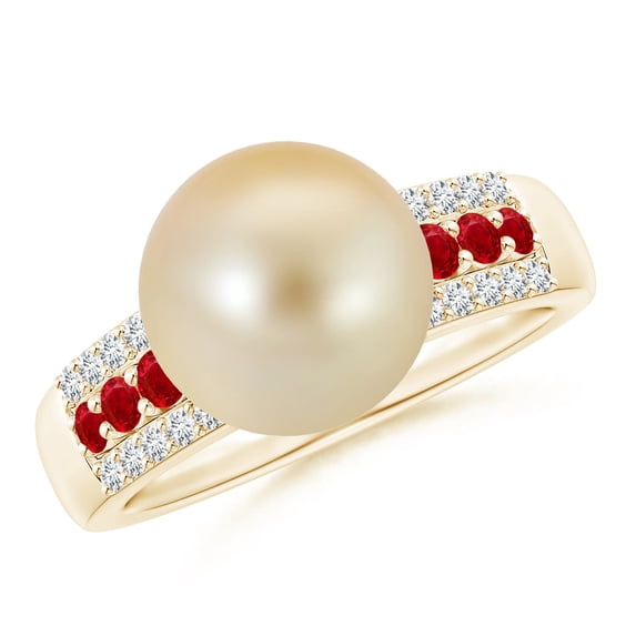 ANGARA Golden South Sea Cultured Pearl Ring with Rubies in 14K Yellow Gold for Women | June Birthstone, Birthday, Anniversary, Jewelry Gift for Women | Pearl Ring