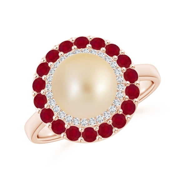ANGARA Golden South Sea Cultured Pearl & Ruby Double Halo Ring in 14K Rose Gold for Women | June Birthstone, Birthday, Anniversary, Jewelry Gift for Women | Natural Pearl Ring