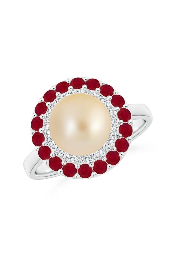Golden South Sea Cultured Pearl & Ruby Double Halo Ring in 14K White Gold for Women | June Birthstone, Birthday, Anniversary, Jewelry Gift for Women | Pearl Ring