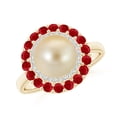 thumbnail image 1 of Angara Golden South Sea Cultured Pearl & Ruby Double Halo Ring in 14K Yellow Gold for Women | June Birthstone Jewelry for Her, 1 of 8