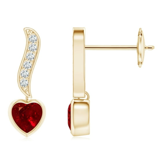 Angara Heart Shaped Natural Ruby Drop Earrings for Women in 14K Yellow Gold – July Birthstone Jewelry | Ruby Earrings with Diamond
