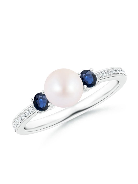 Japanese Akoya Cultured Pearl & Blue Sapphire Engagement Ring in 14K White Gold for Women | June Birthstone, Birthday, Anniversary, Jewelry Gift for Women | Pearl Ring