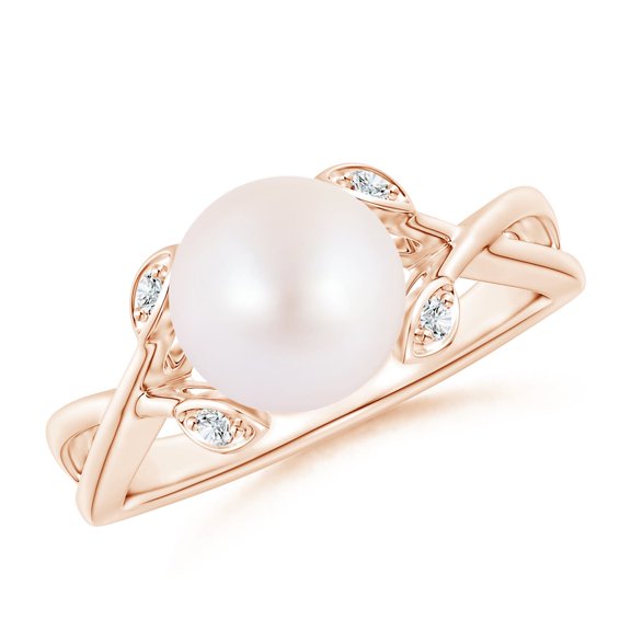 ANGARA Japanese Akoya Cultured Pearl Crossover Shank Engagement Ring in 14K Rose Gold for Women | June Birthstone, Birthday, Anniversary, Jewelry Gift for Women | Pearl Ring