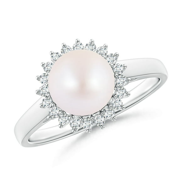 ANGARA Japanese Akoya Cultured Pearl Ring with Floral Halo in 14K White Gold for Women | June Birthstone, Birthday, Anniversary, Jewelry Gift for Women | Pearl Ring