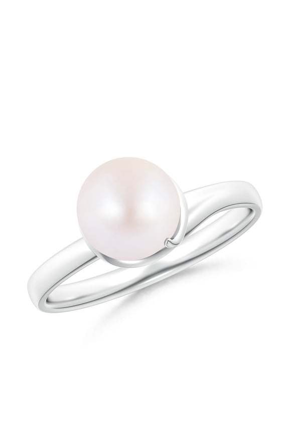 Japanese Akoya Cultured Pearl Ring with Spiral Metal Loop in 14K White Gold for Women | June Birthstone, Birthday, Anniversary, Jewelry Gift for Women | Pearl Ring