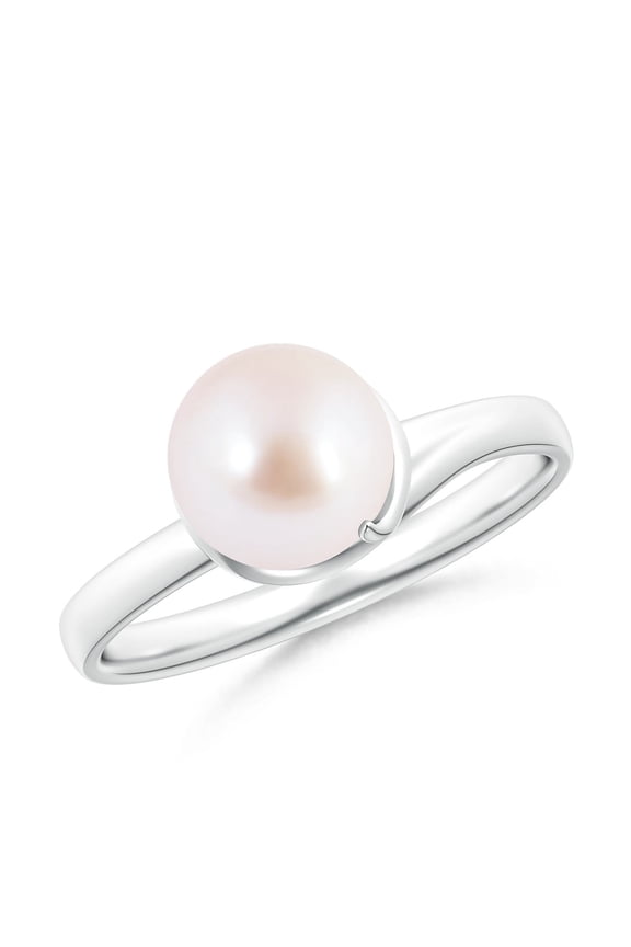 Japanese Akoya Cultured Pearl Ring with Spiral Metal Loop in 14K White Gold for Women | June Birthstone, Birthday, Anniversary, Jewelry Gift for Women | Pearl Ring
