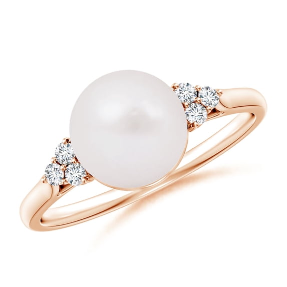 ANGARA Japanese Akoya Cultured Pearl Ring with Trio Diamonds in 14K Rose Gold for Women | June Birthstone, Birthday, Anniversary, Jewelry Gift for Women | Pearl Ring