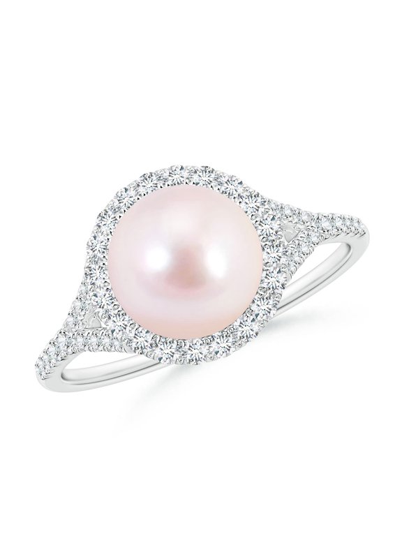 Japanese Akoya Cultured Pearl Split Shank Ring with Halo in 14K White Gold for Women | June Birthstone, Birthday, Anniversary, Jewelry Gift for Women | Pearl Ring